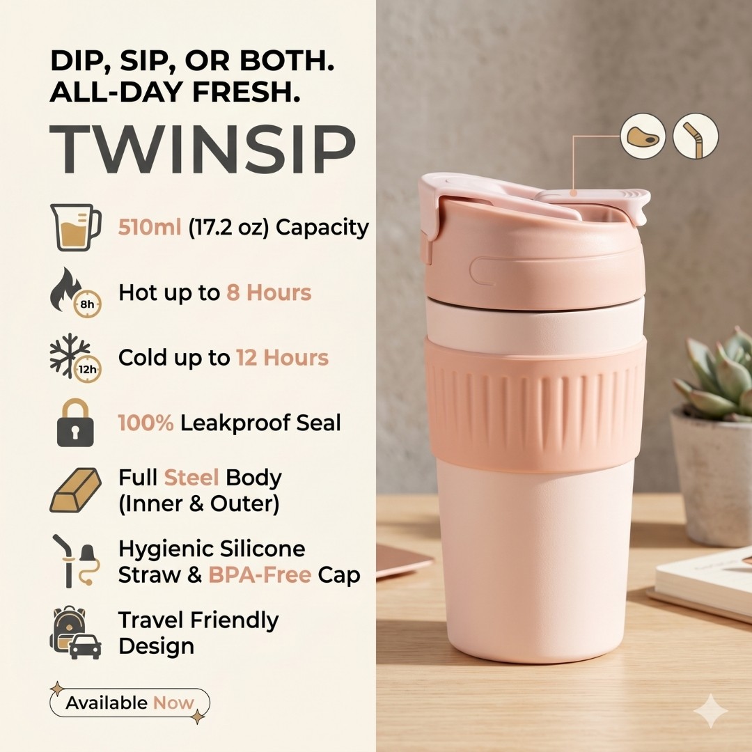 TwinSip 510ml Insulated Coffee Tumbler – Lite Pink